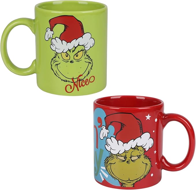 Bioworld The Grinch Feelin' Grinchy and Naughty or Nice 2-Pack 16 Oz Ceramic Mug Set