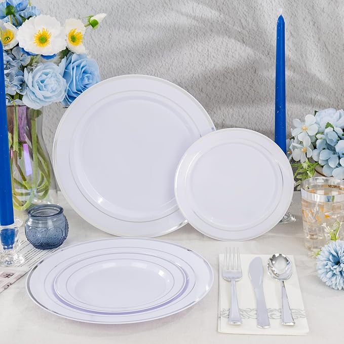 Supernal 800Pcs Silver Plastic Plates,Silver Plastic Dinnerware Set,Disposable Silvery Plates Include 100 Dinner Plate,100 Salad Plate,100 Spoons,200 Forks,100 Knives,100 Cups,100 Napkins for Party