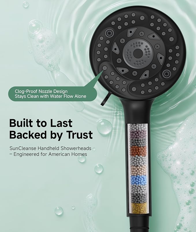 SunCleanse Filtered Shower Head with Handheld, 9-Spray Setting Detachable Showerhead with Filters, Shower Head for Hard Water - Filtered Chlorine, Improve Skin and Hair Texture, Black