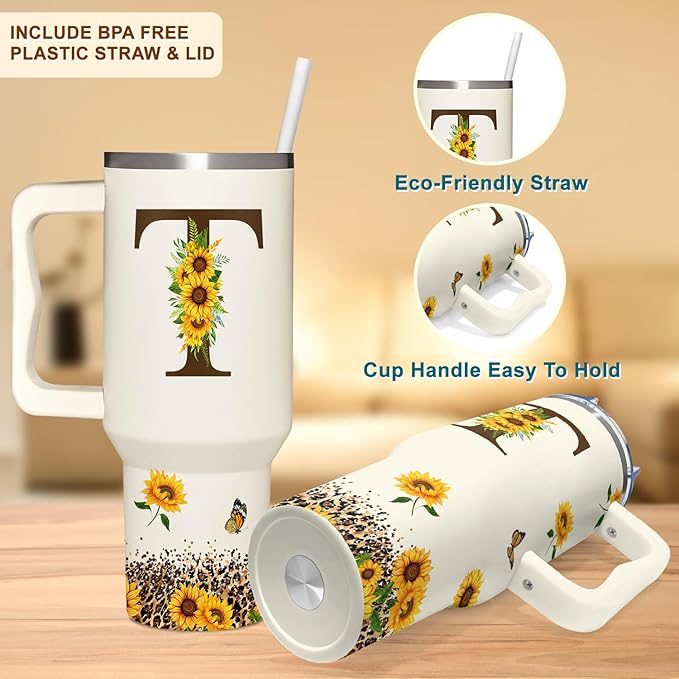 Personalized Birthday Gifts For Women - Sunflowers Monogrammed Cup For Boss Day, Christmas - Customized Gifts For Women, Mom, Wife, Coworkers, Boss Lady, Her - Custom Tumbler With Handle 40oz