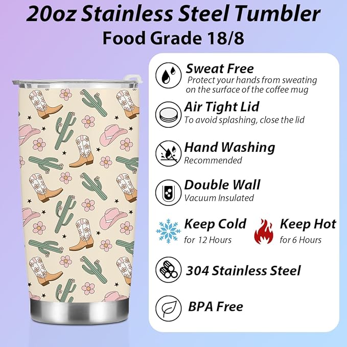 jeilink Western Tumbler, 20 oz Tumblers Insulated Coffee Mug With Lid, Stainless Steel Thermal Cup, Vacuum Water Bottle Travel Mug, Drinking Cups, Gifts for Women Men Girls Sisters Birthday Christmas