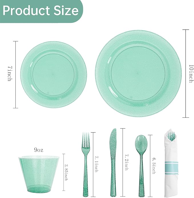 DaYammi 350 Pieces Green Glitter Dinnerware Set 50 Guest for Party- 50 Dinner Plates, 50 Dessert Plates -50 Per Rolled Napkins with Green Cutlery - 50 Disposable Cups 9 OZ