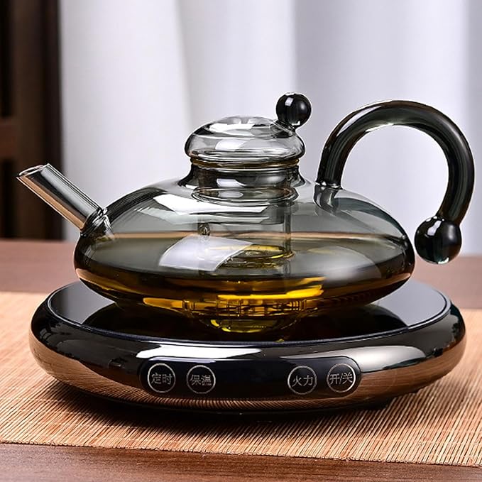 24 OZ Luxury Glass Teapot with Warmer, Automatic Electric Kettle with Tea Infuser, Teapot and Cup Set with Warmer, New Year Christmas Excellent Gift Idea for Tea Lovers (Gray set + 2 cups)