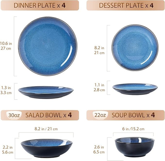 Plates and Bowls Sets for 4 - CJDC-QUELO 16-Piece Stoneware Dinnerware Sets, Ceramic Dishware Set for Kitchen Use and Formal Dining, Chip and Scratch Resistant Microwave Dishwasher Safe, Blue
