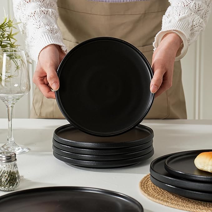 Stoneware Dinner Plates Set of 4, 10.25 Inch Plates for Steak, Pasta, Ceramic Plates Sets, Microwave Safe, Dishwasher Safe, Versatile for All Seasons, Matte Black