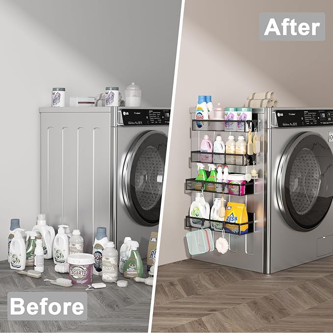 Magnetic Spice Rack for Refrigerator, 5 Pack Magnetic Shelf, Moveable Magnetic Fridge Organizer with an 8-Hook Rack, Seasoning Organizer for Kitchen Organization (Extra with 8 Hooks)