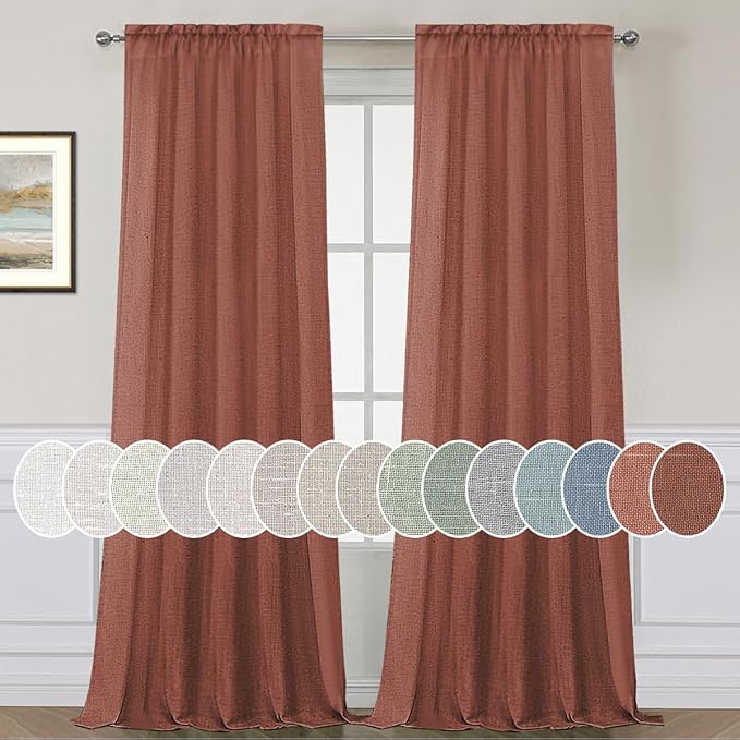 H.VERSAILTEX Linen Curtains Elegant Natural Linen Blended Curtains Energy Efficient Light Filtering/Rod Pocket Window Treatments Panels/Drapes for Living Room (Set of 2, Rust, 52 inch W X 108 inch L)