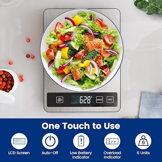 【33 lb & USB Rechargeable】 Digital Kitchen Food Scale Kitchen Scale, Stainless Steel Digital Weight Grams and Oz, Baking and Cooking, 0.1oz/1g Precise, 6 Weight Units