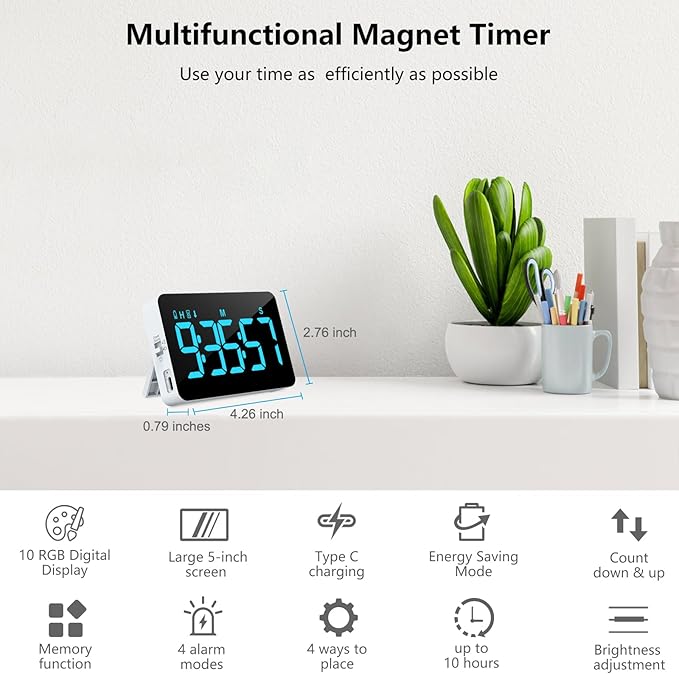 (2 Packs) Rechargeable Timers，Digital Kitchen Timer with 10 Dynamic RGB Color, Magnetic Classroom Timer with Countdown/up with 5”LED Display 3 Brightness 4 Volume Adjustable
