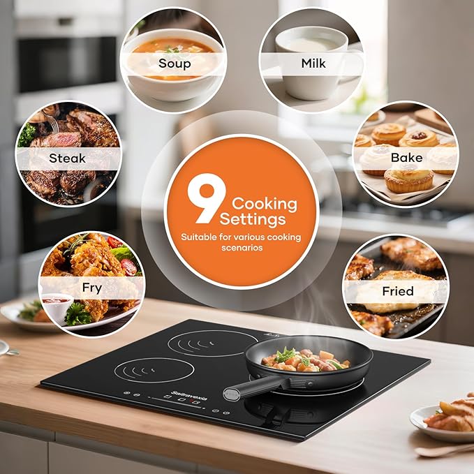 24 Inch Induction Cooktop 3 Burners, 5400W Built-in Induction Stovetop, 3 Power Boost Burners Electric Cooktop, Child Lock, 9 Power Levels, Timer, Touch Control 220-240V Hard Wire