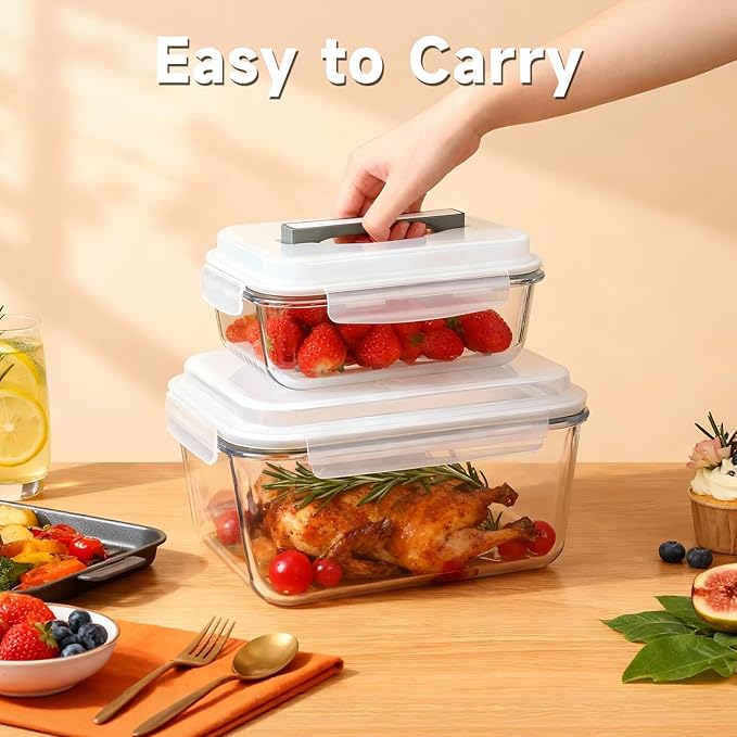 KOMUEE 220oz & 76.4oz Extra Large Glass Food Storage Containers with Airtight Lids, 2 Piece Big Glass Containers Set, Ideal for Storing Rotisserie Chicken, Lasagna,Salads,Fruits, Leak-proof & BPA-Free