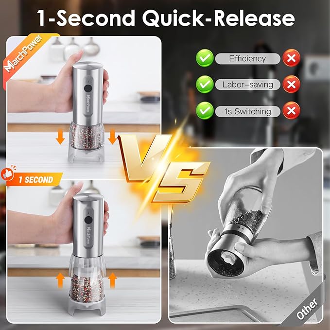 Marchpower Electric Salt and Pepper Grinder Set,1S Quick Switch, Rechargeable Stainless Steel Automatic Electric Salt and Pepper Shakers with LED Light, 200ml large-Capacity, Stepless Grind Adjustment