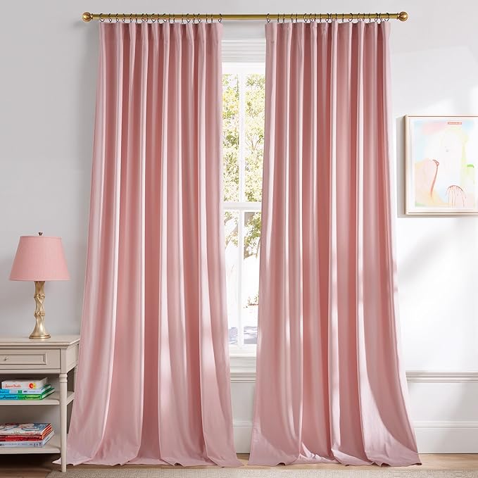 NICETOWN Pink Velvet Curtains 84 inch Long 2 Panels for Girls, Blush Pink Energy Saving Rod Pocket Pleat Tape with Back Tab Soft Luxury Window Treatments for Nursery, W52 x L84