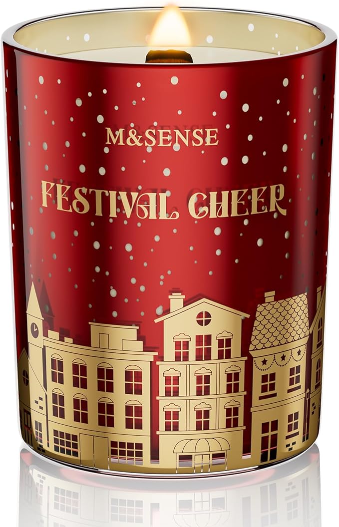 M&SENSE Festival Cheer Christmas Candles, Large Soy Candles for Home Scented, 18oz 100 Hours Natural Clean Slow Burn, Crackling Wooden Wick Aromatherapy Gifts for Women Men, Warm Cozy Winter Decor