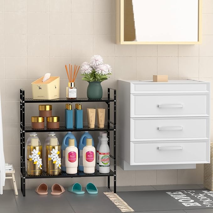 Redrubbit Expandable Cabinet Storage Shelf, Adjustable Height Steel Metal Kitchen Counter Organizers Shelves Spice Rack for Kitchen Pantry Bathroom Cupboard Desk Home Office, Black-2 Pack