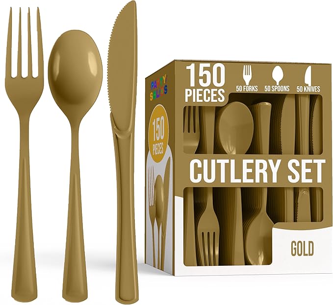 Party Solids Gold Plastic Silverware Heavy Duty 150 Pieces Gold Disposable Silverware Heavy Duty, Utensil Sets, 50 Of Each Forks, Knives & Spoons Disposable Cutlery Set For Party Supplies