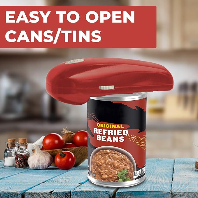 Electric Can Opener - No Sharp Edge Handheld Can Opener - Battery Operated Can Opener - Easy One-Touch Operation - Automatic, Food Safe, Hands Free, Smooth Edge (Red)