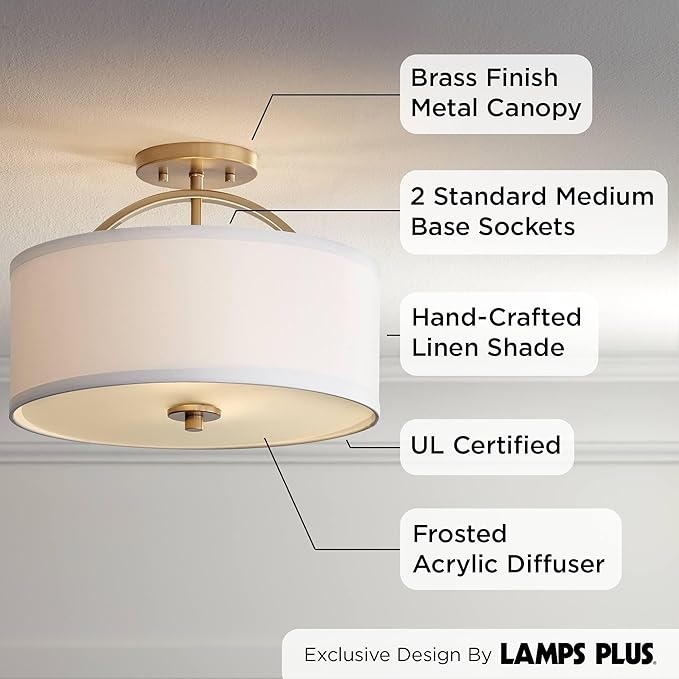 Possini Euro Design Halsted Modern Industrial Close to Ceiling Light Semi Flush Mount Fixture 15" Wide Warm Brass Gold White Linen Drum Shade for Bedroom Kitchen Living Room Hallway Bathroom