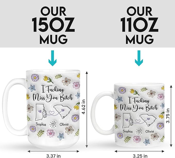 Personalized Long Distance Mug, Custom State To State Funny Mug With Name, Floral Decorations Mugs, Funny Mug Gifts For Sister Friends Couples, Gifts For Mommy Daddy From Son Daughter