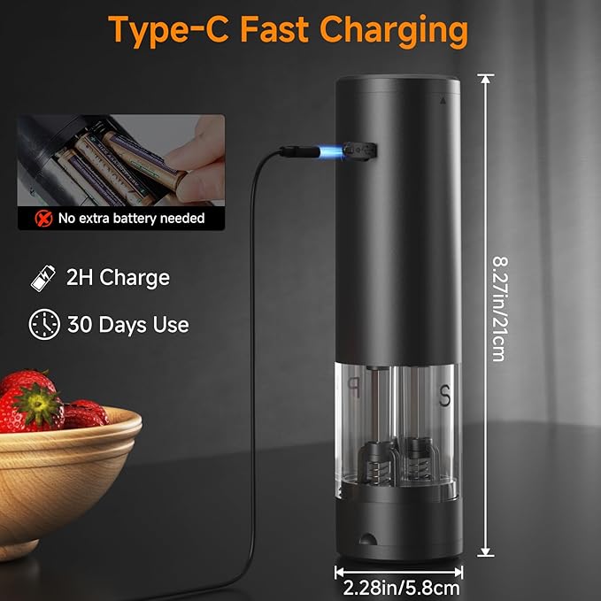 Electric Salt and Pepper Grinder Shakers 2 IN 1-Rechargeable Automatic Pepper Mill,with LED Lighting,Adjustable Grinder,Large Capacity-Ideal for Kitchen (Black)