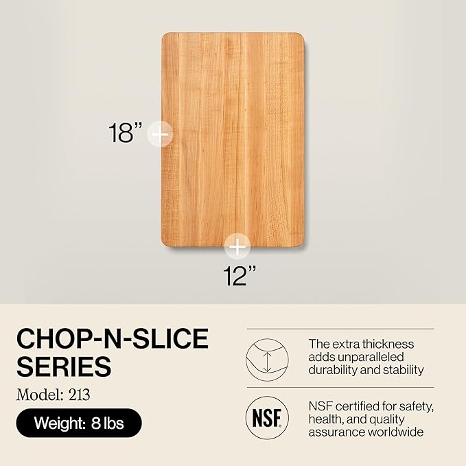 John Boos Chop-N-Slice Series Rectangular Wooden Maple Cutting Board 18”x12” – 1.25” Thick, 8-lb Reversible Butcher Block with Eased Corners & Edge-Grain – Made in the USA