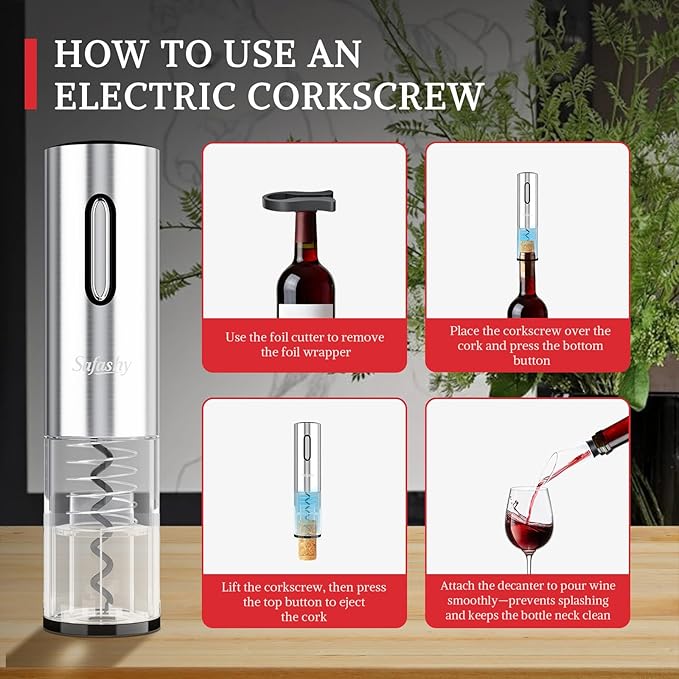 Stainless Steel Rechargeable Electric Wine Opener, 5 IN 1 Automatic Bottle Wine Corkscrew Kit with Foil Cutter, Decanter, Vacuum Stopper, Elegant Wine Gift Sets for Christmas, Date, Champagne