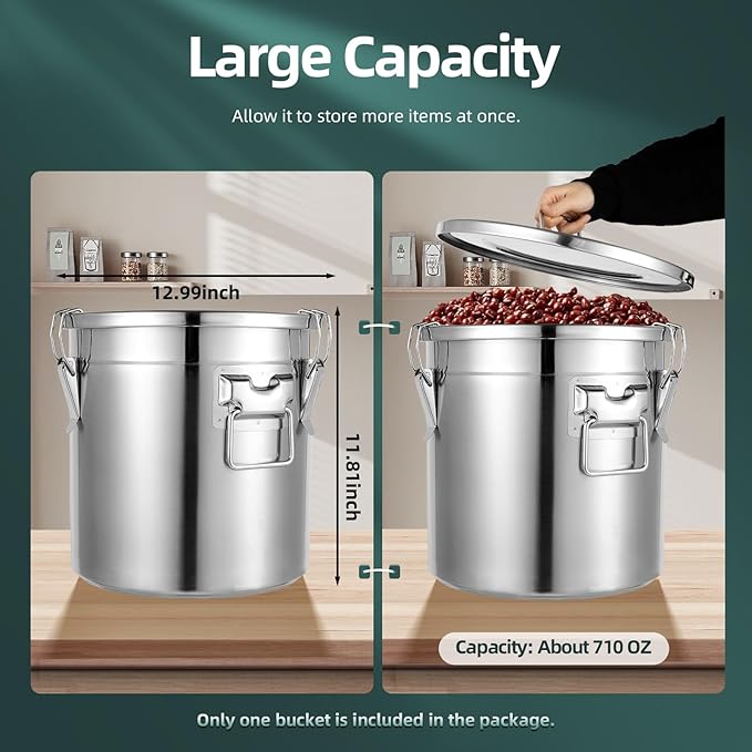 DYNAMI 5.5Gal 304 Stainless Steel Airtight Container with Lid and Locking Clamp,17-38Lbs Metal Bucket Large Stainless Steel Canisters for Kitchen,Dog Food/Bird Seed/Coffee Storage Container(21L)