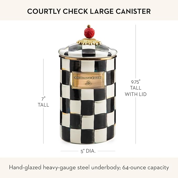 MACKENZIE-CHILDS Large Enamel Canister, Kitchen Storage Container for Flour and Sugar, 1.89 Liters, Black-and-White Courtly Check