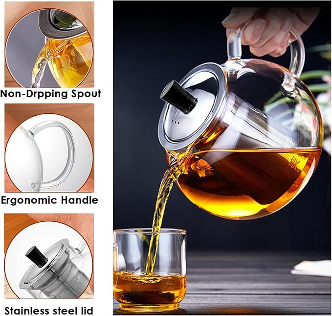 TMOST Glass Teapot with Removable Infuser, Stovetop Safe Tea Kettle blooming Loose Leaf Tea pot (32oz/950ml)