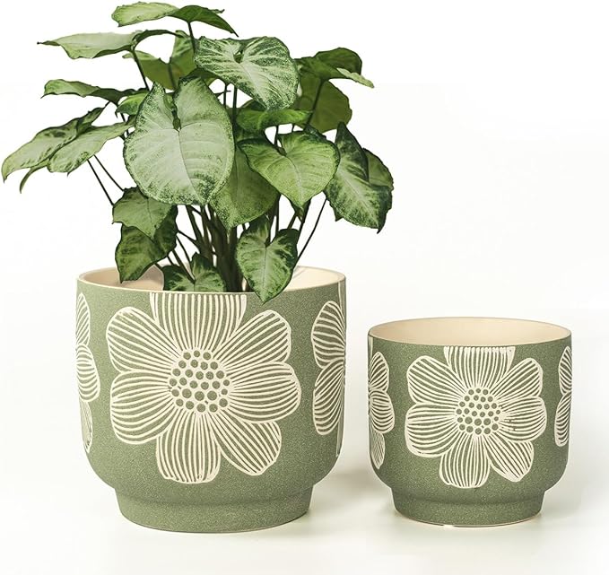 YBX 8 Inch + 6 Inch White Flower Pattern Plant Pots, Sand Glazed Ceramic Planter with Drainage Hole, Flower Pots for Indoor Plants, Tan & White