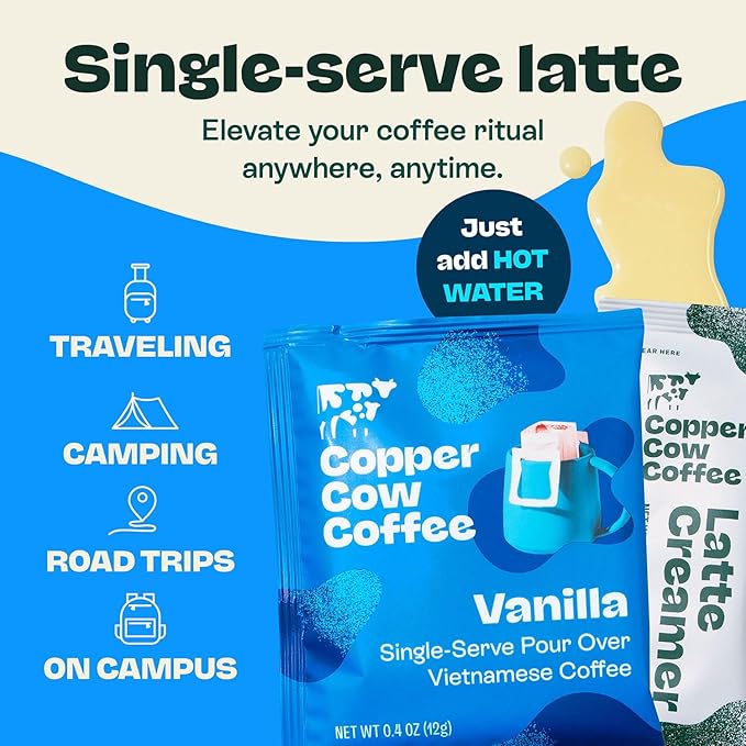 Copper Cow Vietnamese Coffee Variety Pack (15 Coffees & 15 Creamers)| Classic, Churro, & Vanilla Latte | Pour Over Single-Serve Lattes, No Refrigeration Needed, Travel Friendly Ground Coffee