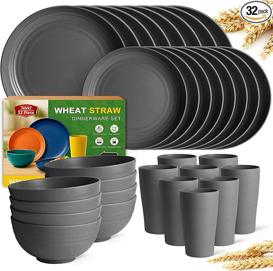 Teivio 32-Piece Kitchen Plastic Wheat Straw Dinnerware Set, Service for 8, Dinner Plates, Dessert Plate, Cereal Bowls, Cups, Unbreakable Colorful Plastic Outdoor Camping Dishes, Gray Matte