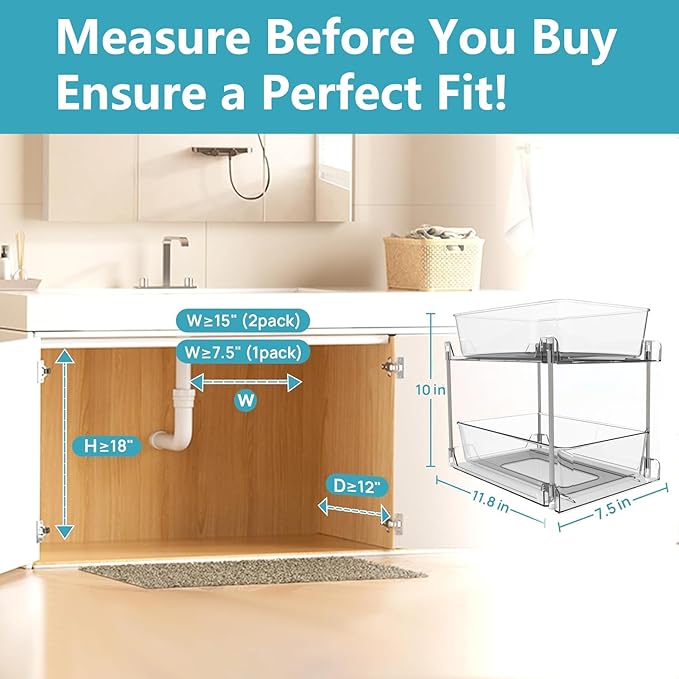 Bathroom Organizers and Storage,2-Tier Clear Under Sink and Pull-Out Cabinet Organizer with Track for Kitchen, Pantry,Vanity Countertop,Medicine Cabinet,Closet Drawers Bins