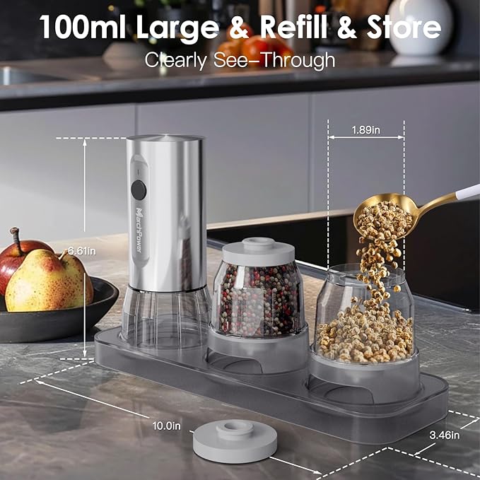 Marchpower Electric Salt and Pepper Grinder Set,1S Quick Switch, Rechargeable Stainless Steel Automatic Electric Salt and Pepper Shakers with LED Light, 200ml large-Capacity, Stepless Grind Adjustment