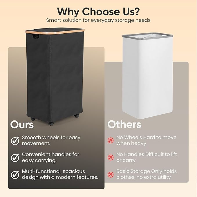 Laundry Hamper with Wheels and Lid | 26 Gal (100L) laundry hamper with lid bamboo| Large Dirty clothes hamper | Bedroom hamper | clothes hamper-black