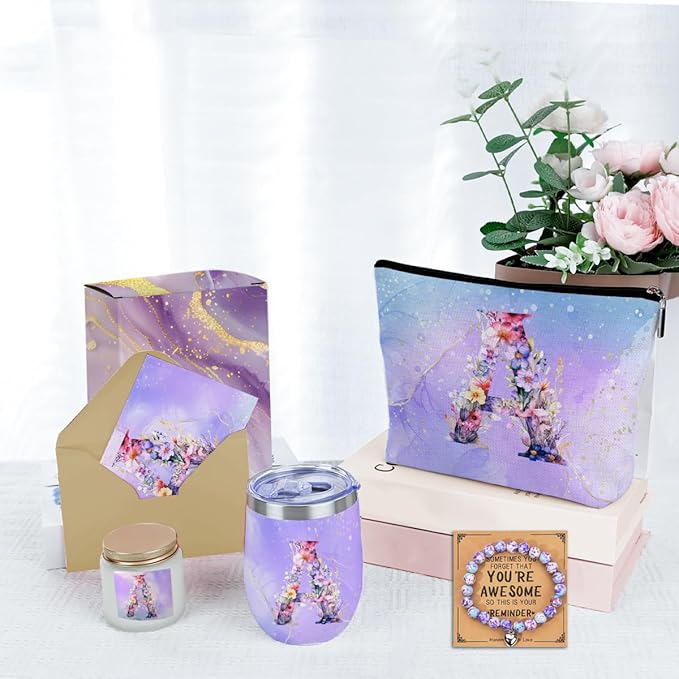 Personalized Gifts Monogrammed Birthday Gifts for Women, Bridesmaid Bachelorette Party Wedding Christmas Initial Wine Tumbler Makeup Bag Scented Candle Bracelet Set, (Aesthetic Purple Flower A)