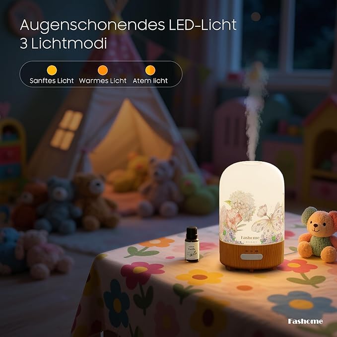 Essential Oil Diffuser Hand Blown Glass, 100ml Small Aromatherapy Diffuser, Auto Shut-Off Function, Ultrasonic Diffusers for Essential Oils, Cool Mist Humidifier with Warm White Lights (Vanilla Oil)