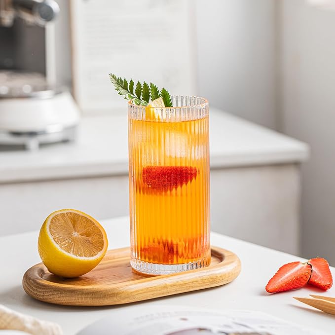 INSETLAN 12-Piece Ribbed Glassware - 6 Highball Glasses 12 oz, 6 Rocks Glass Cups 14 oz, Vintage Cocktail Drinking Glasses, Ideal for Wine, Juice, Water, Ice Coffee Cup, Whiskey, Mixed Drinkware