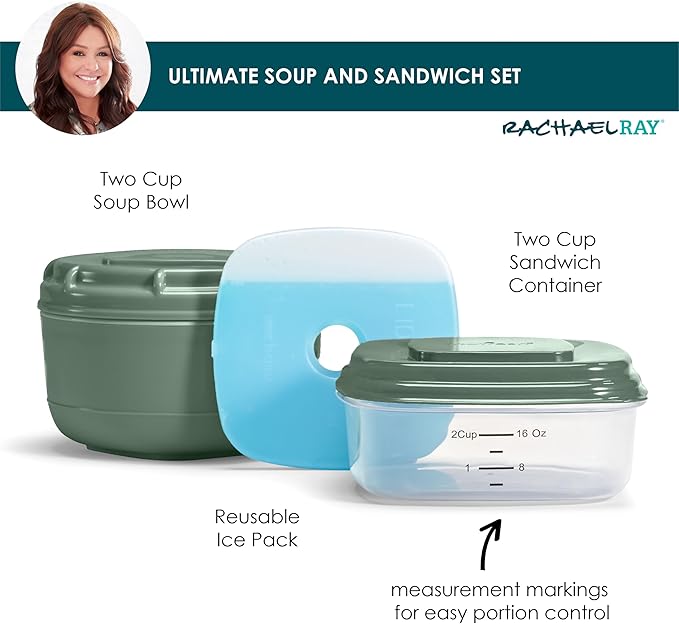 Rachael Ray Soup & Sandwich Container For Lunch, Hot Soup Lunch Container For Adults, Reusable Soup Bowl With Container For Sandwich or Toppings, Includes Removable Ice Pack, Hot or Cold Food Storage