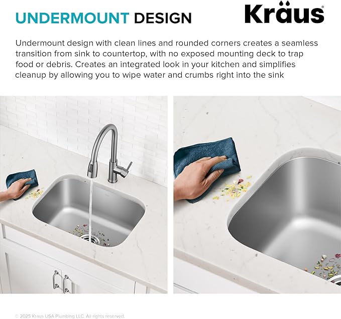 Kraus 19 3/4 Inch Stainless Steel Kitchen Sink, Durable 18 Gauge Single Bowl Kitchen Sinks Undermount, KBU11