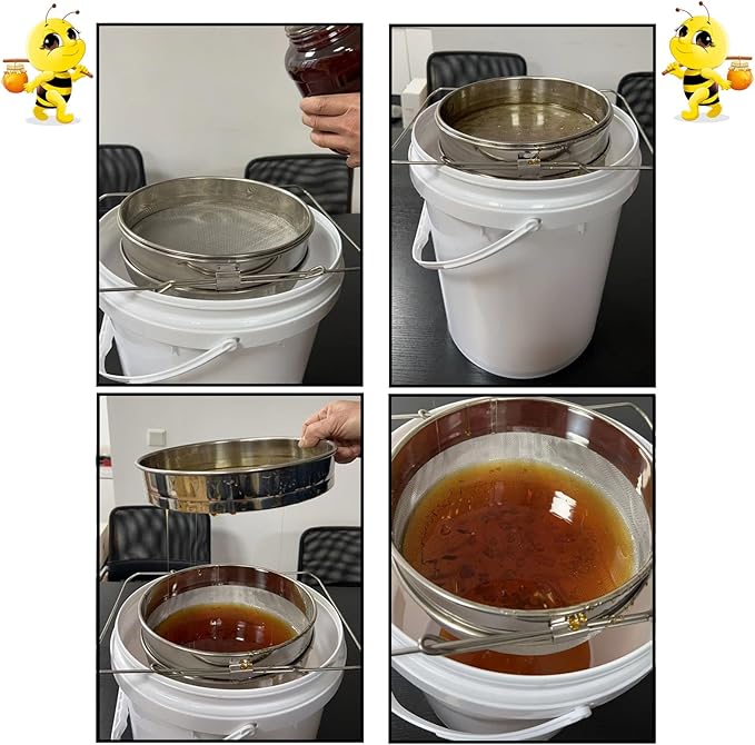 Double Sieve Honey Strainer for 5 Gallon Bucket Stainless Steel Honey Filter with Up to 16.5 inches Extendable Arms Honey Processing Equipment