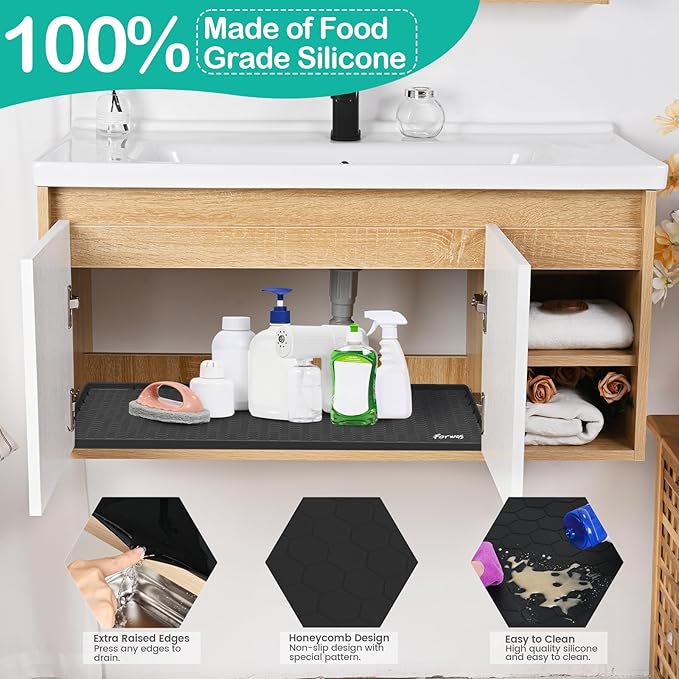 Waterproof Under Sink Mat 28" x 19", Silicone Cabinet Liner, Rubber Protector for Kitchen and Bathroom, Keeps Cabinets Clean, Dry, and Organized (Black)