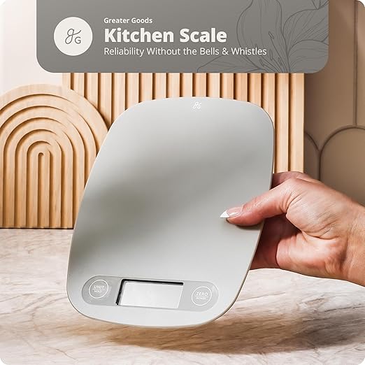 Greater Goods Slim Digital Kitchen Scale 11lb/5kg – Compact Food Scale with 1g Increments for Everyday Cooking, Baking & Meal-Prep, Lightweight Plastic Design, Non-Backlit Display, Battery Included