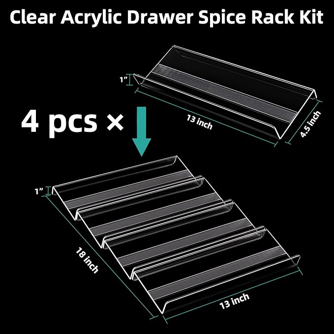 MIUKAA Acrylic Spice Drawer Organizer, 2 Tier - 4 Pack Seasoning Organizer for Drawer, Expandable From 13" to 26" Kitchen Drawer Spice Rack with Slip-Proof Mat (Jars not Included)