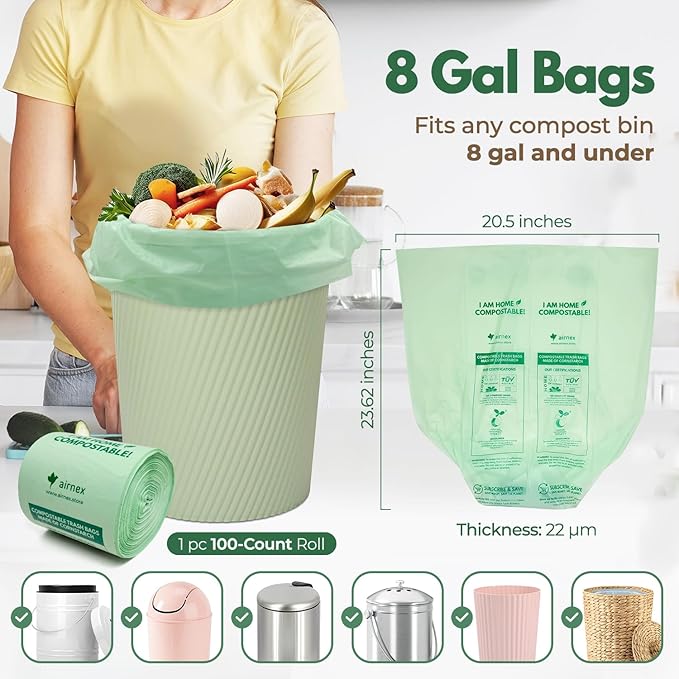 Compostable Kitchen Trash Bags 8 Gal - Cornstrarch Leakproof & Tear Resistant 100 Compost Bags - OK Compost Home & Seedling Certified 0.22 mm Kitchen Garbage Bags