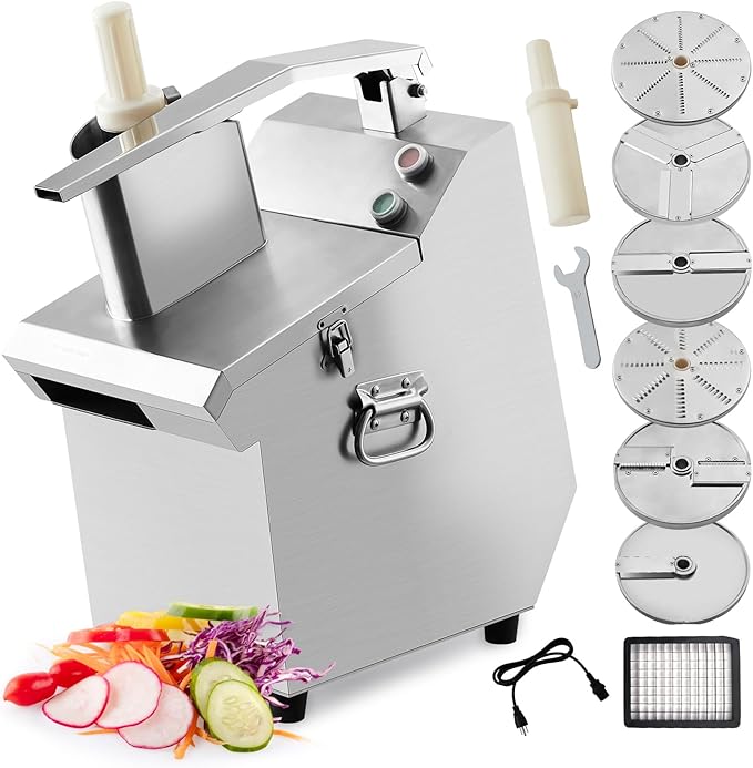 Commercial Food Processor 550W with 2 Feeding Holes, Stainless Steel Electric Vegetable Processor Detachable 6 Blades 2.2mm/4mm Shred, 2mm/4mm Slice, 3mm Strip Disc and 8mm Dicing Disc