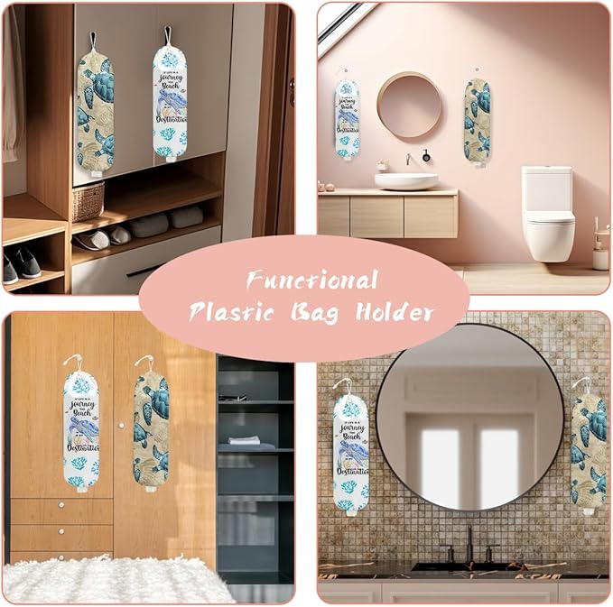 2PCS Sea Turtle Plastic Bag Holder, Wall Mount Grocery Bag Holder for Plastic Storage bag, Ocean Theme Storage Organizer Reusable Grocery Bags Kitchen Dispenser, Turtle Gifts for Women Mom Grandma