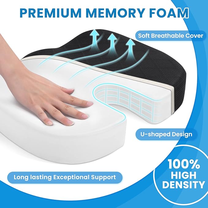 TushGuard Seat Cushion, Office Chair Cushions, Car Seat Cushion, Non-Slip Sciatica & Back Coccyx Tailbone Pain Relief Chair Pad for Computer Desk, Wheelchair, Driving (Black, X-Large)