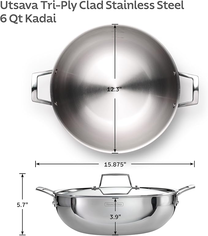 Tramontina Utsava 6-Quart Tri-Ply Clad Stainless Steel Kadai with Lid, Extra Large Kadhai Pot for Indian Cooking