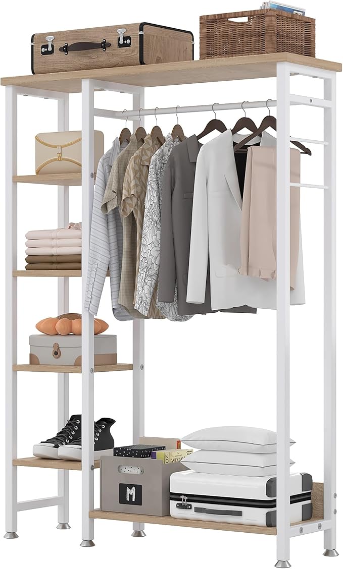 VECELO Open Garment Clothing Rack, Free-Standing Heavy Duty Storage Closet with 5 Shelves and Hanging Rod for Small Spaces, Max Load 350LBS, White Oak